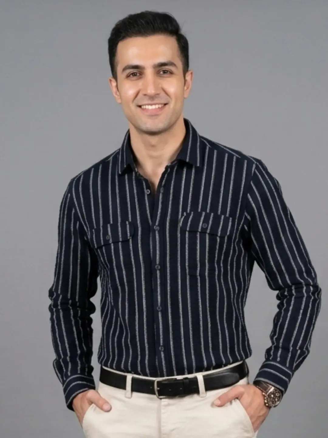 LIVE IN Men Black Slim Fit Striped Casual Shirt - LS11F275CSSB