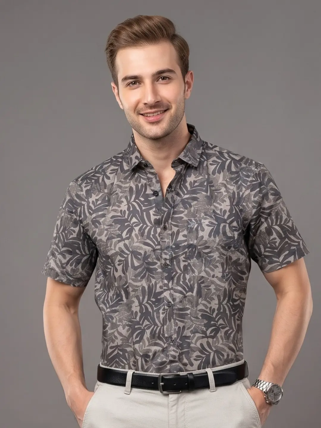 LIVE IN Men Dark grey Slim Fit Printed Casual Shirt - LS11H473PPSR