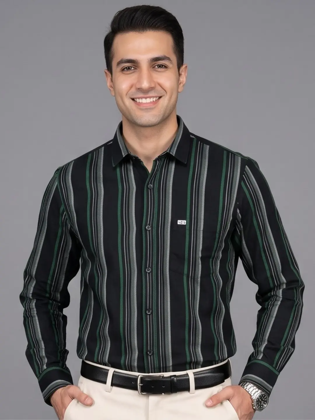 LIVE IN Men Black Slim Fit Striped Casual Shirt - LS12F264PTTG