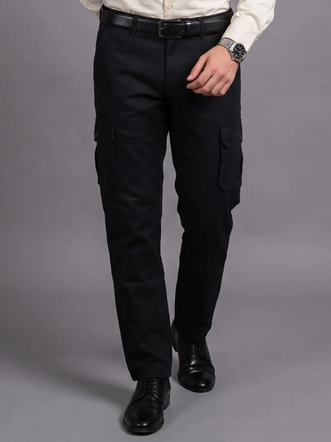 LIVE IN Navy Blue Straight Fit Solid Cotton Cargos-LCG12I122CD1