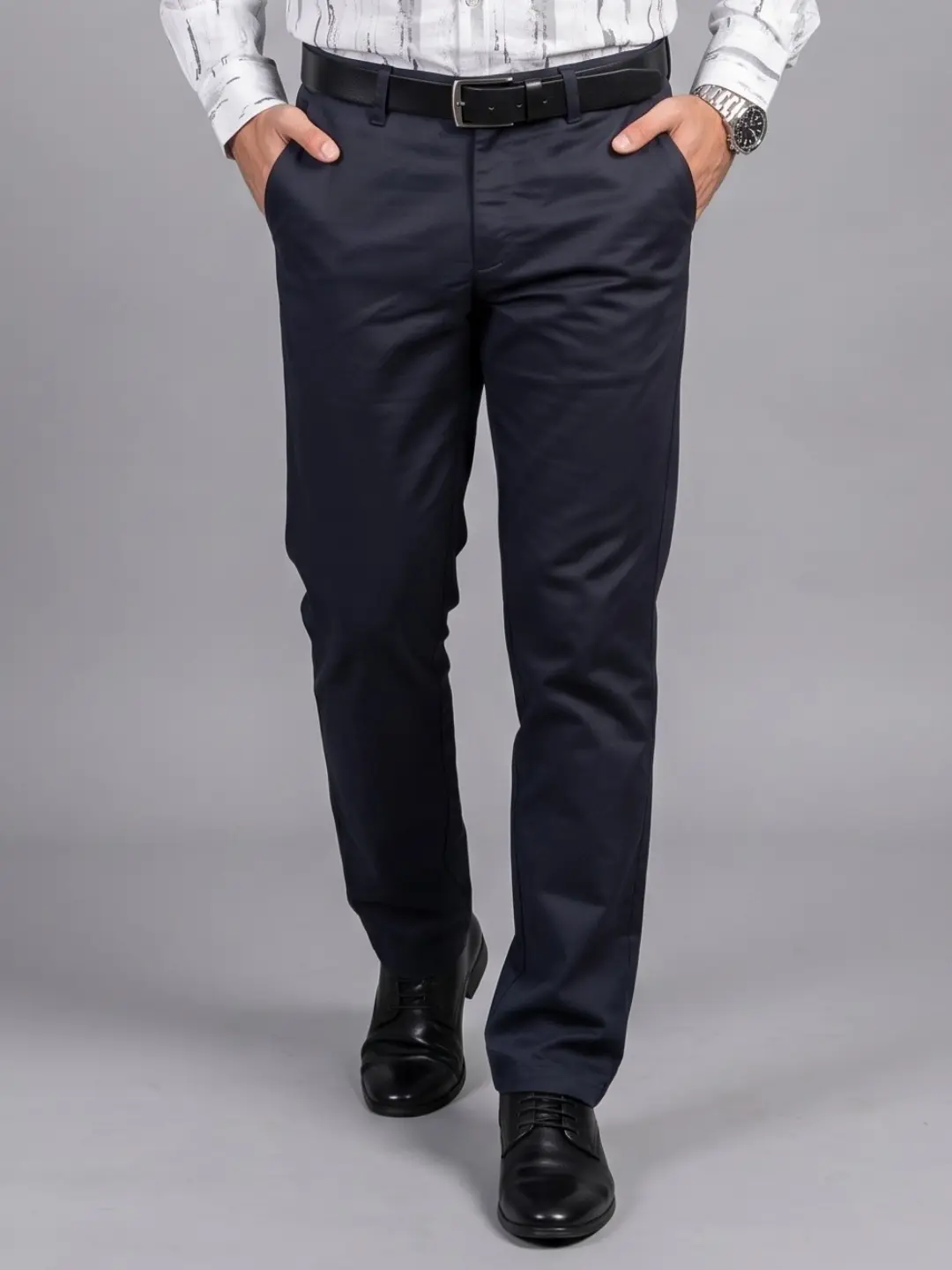 LIVE IN Navy Blue Regular Fit Solid Polycotton Casual Trousers-LMG 07