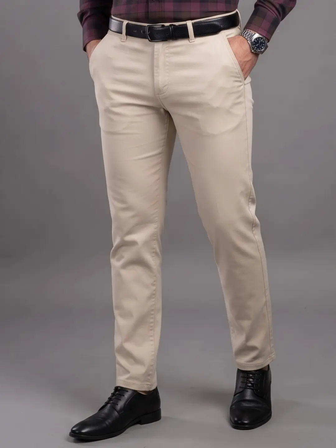 LIVE IN Cream� Slim Fit Solid Polycotton Casual Trousers-LPM 06