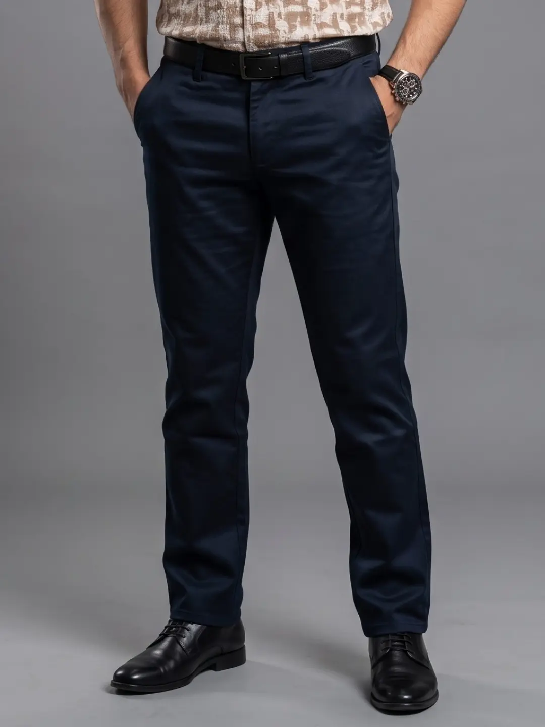 LIVE IN Navy Blue Regular Fit Solid Satin Casual Trousers-LSF 05