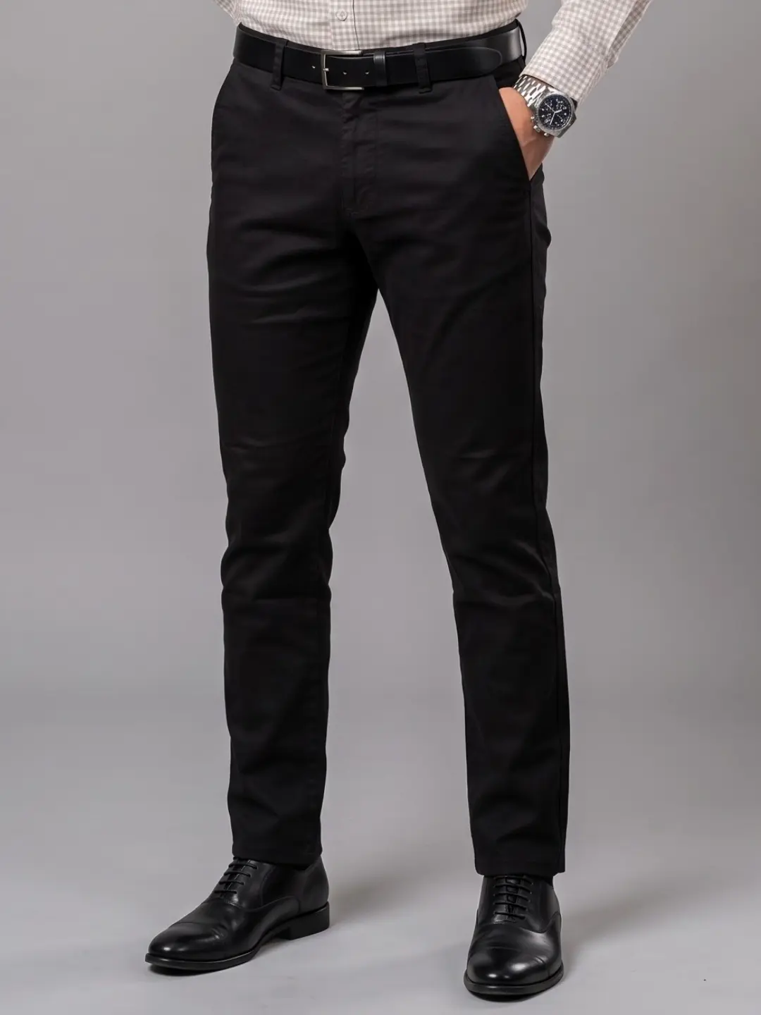 LIVE IN Black Slim Fit Solid Cotton Casual Trousers-LTL12P235D15