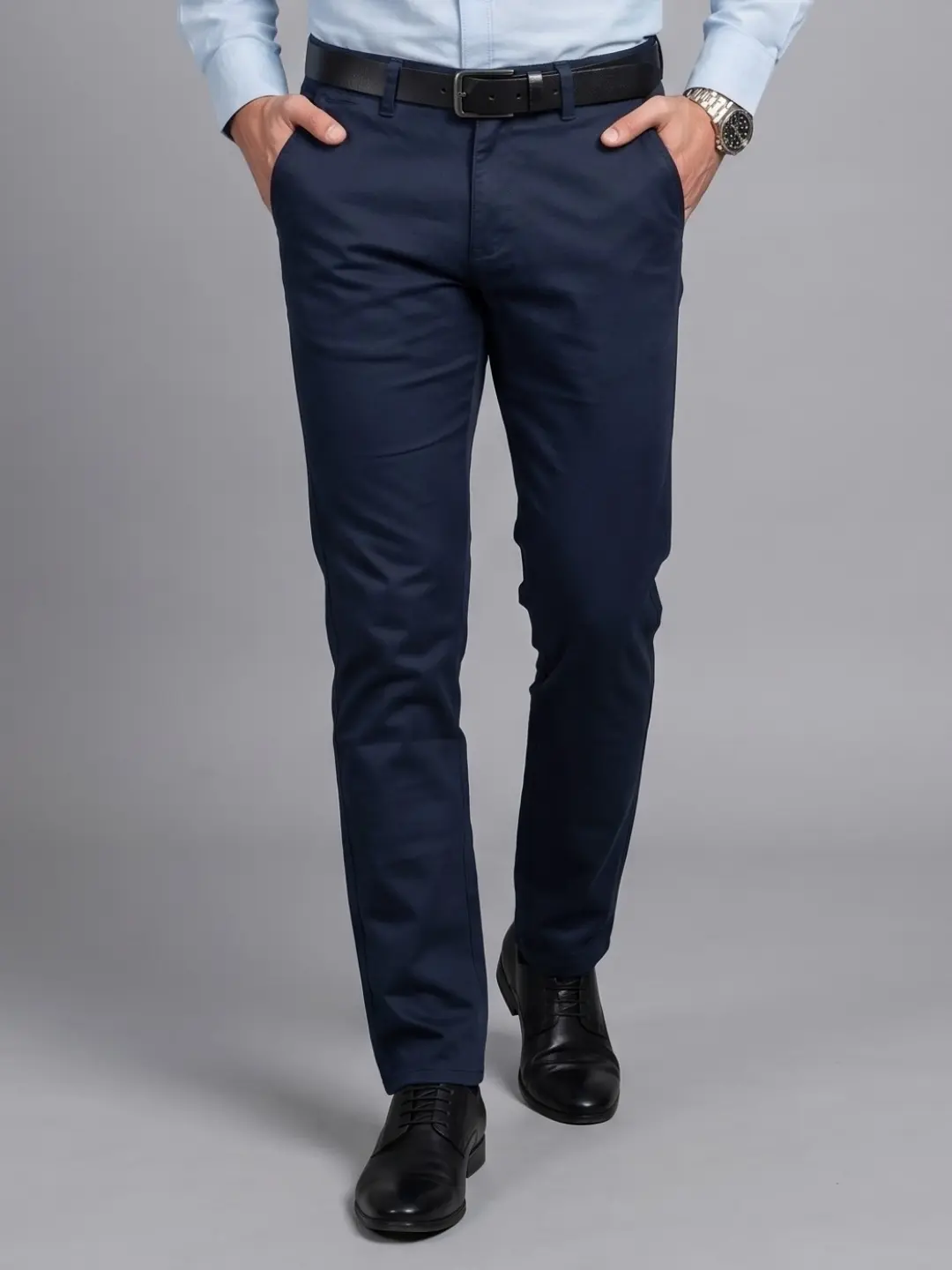 LIVE IN Navy Blue Slim Fit Solid Cotton Casual Trousers-LTL12P236D35