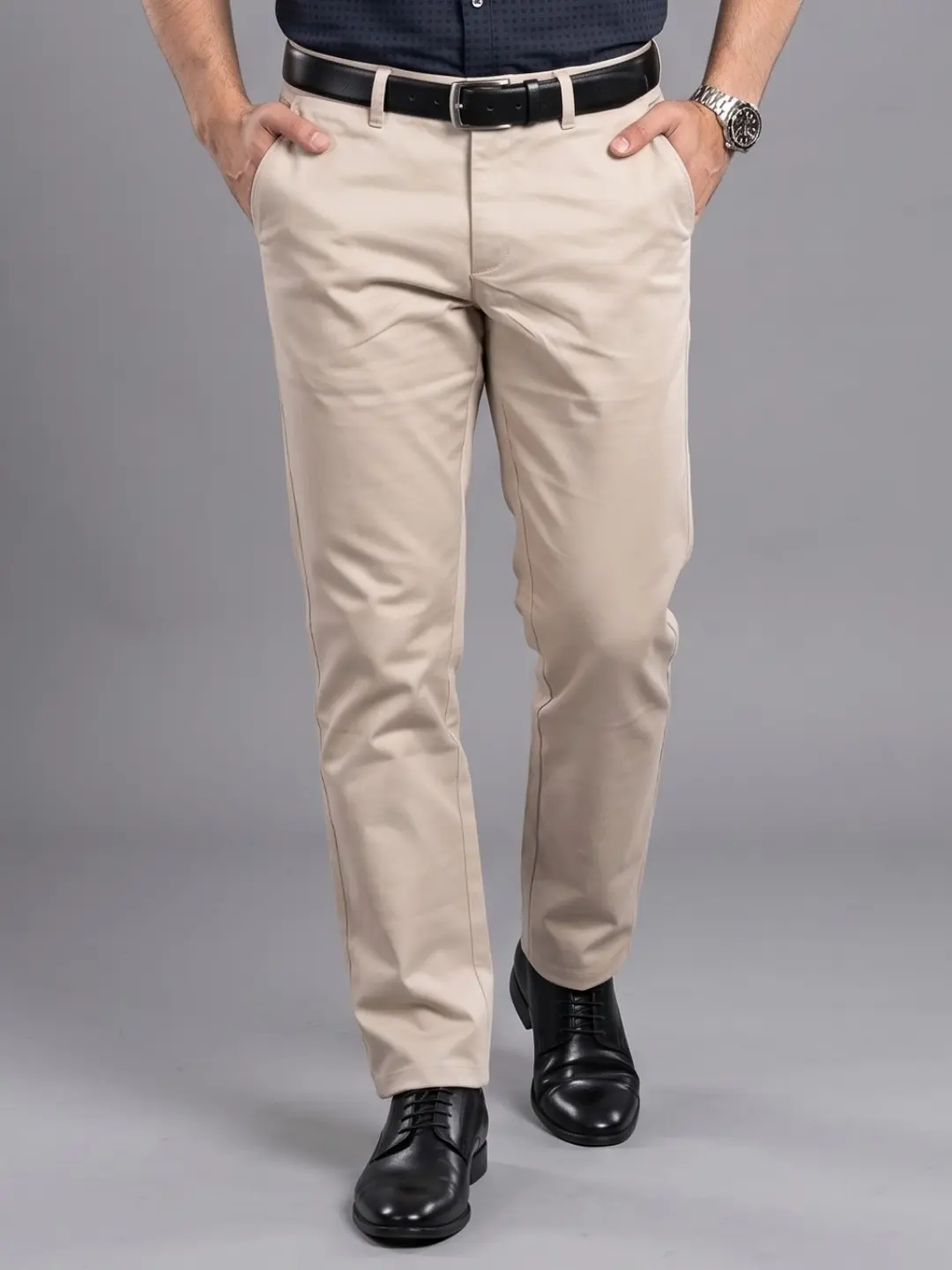 LIVE IN Beige Regular Fit Solid Satin Casual Trousers-SLF-BG