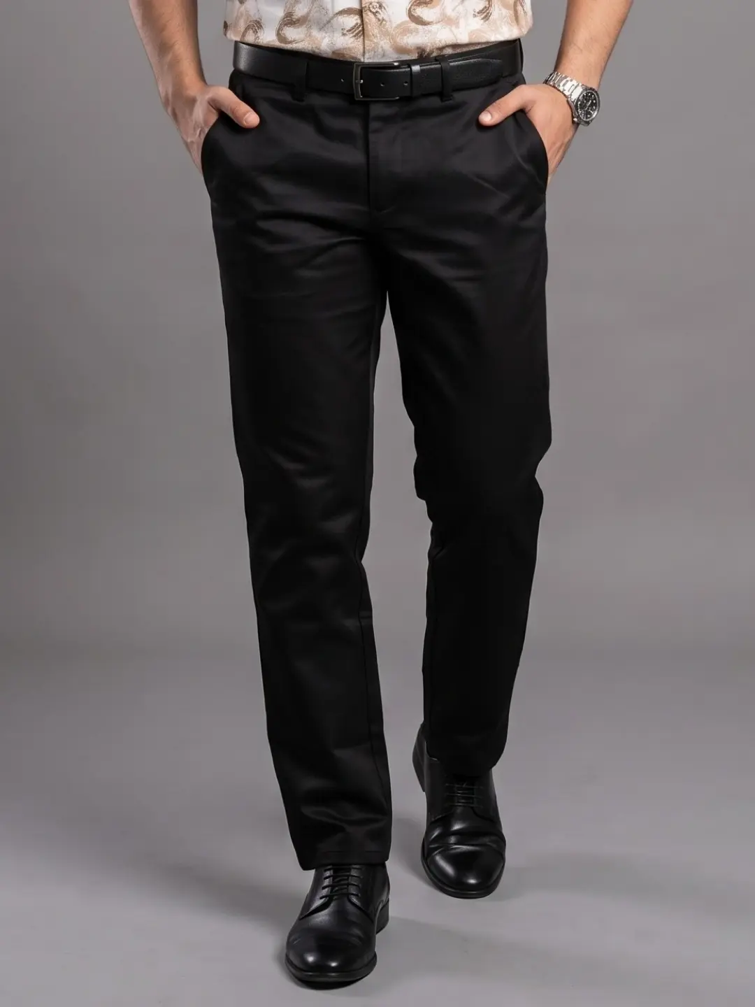 LIVE IN Black Regular Fit Solid Satin Casual Trousers-SLF-BK