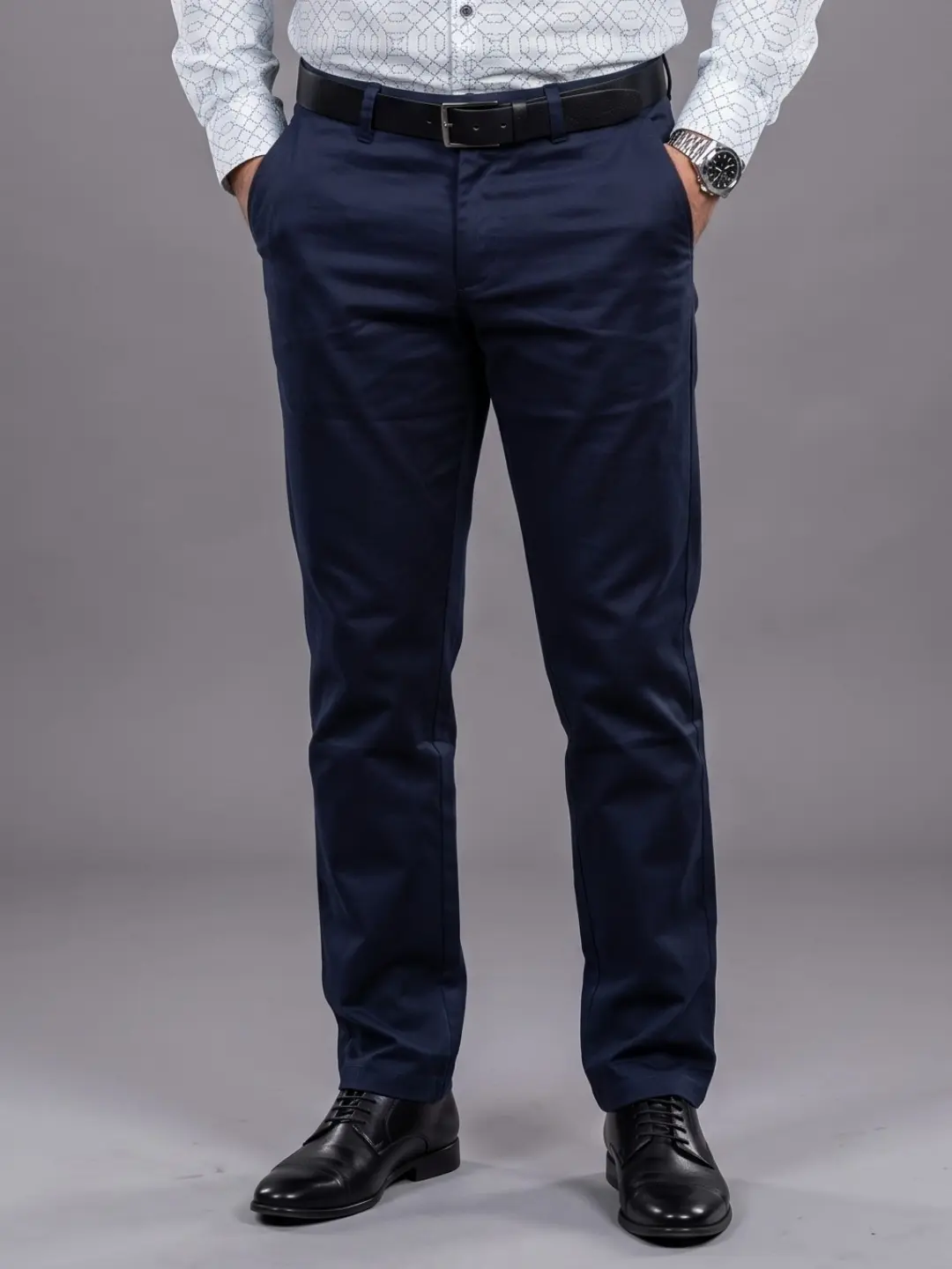 LIVE IN Navy Blue Regular Fit Solid Satin Casual Trousers-SLF-NY