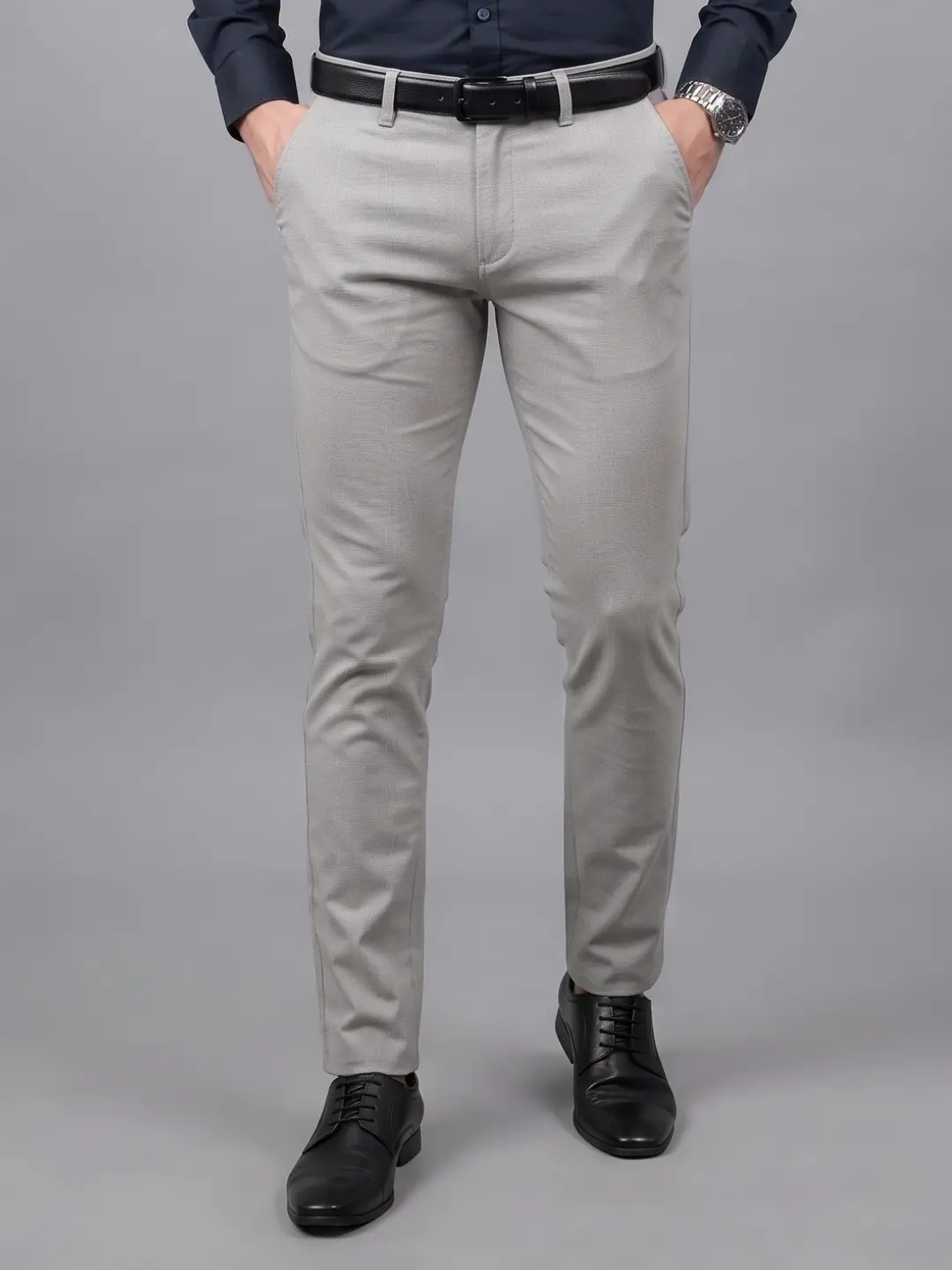 LIVE IN Grey Slim Fit Solid Cotton Casual Trousers-STL12I353SP4