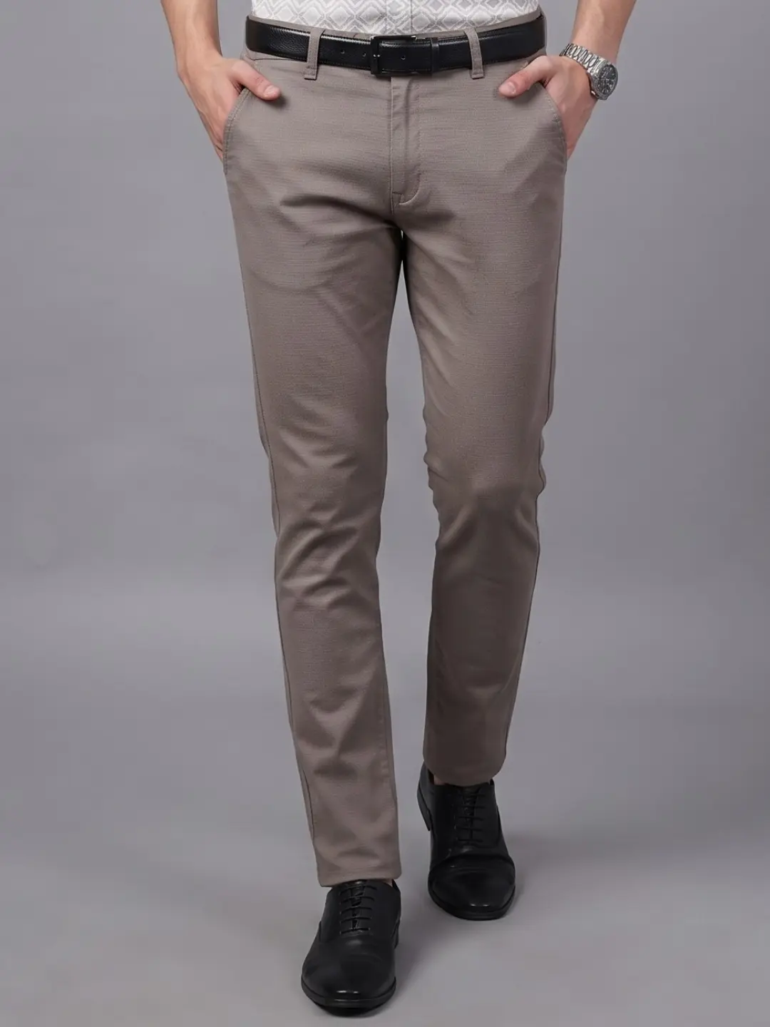LIVE IN Grey Slim Fit Solid Cotton Casual Trousers-STL12I357SP3