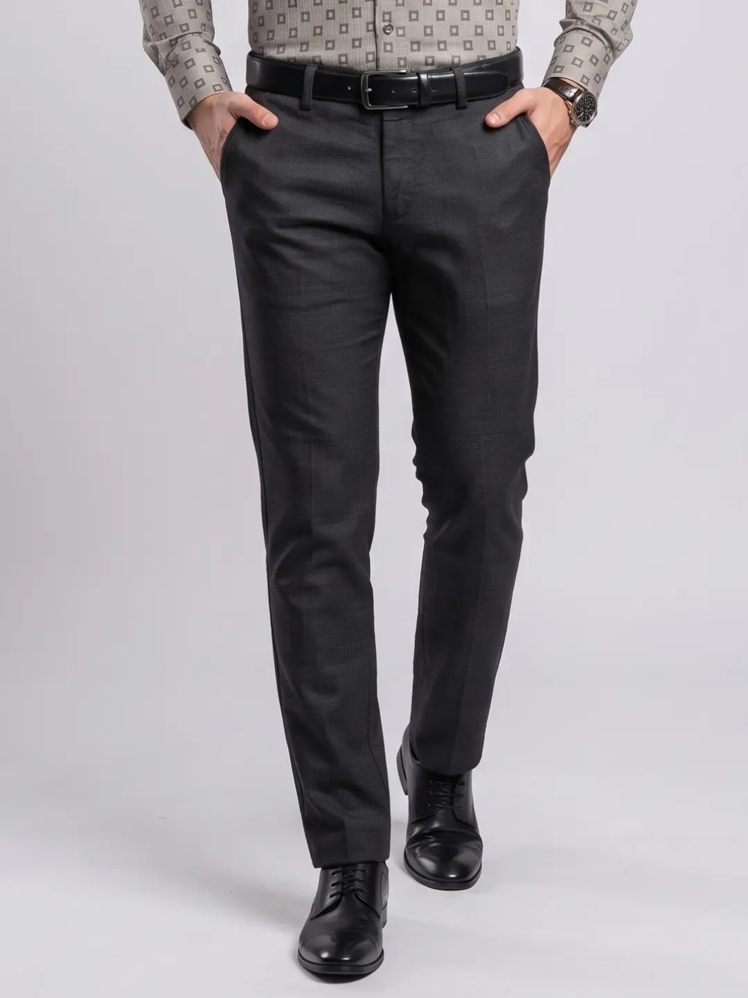 LIVE IN Black Slim Fit Solid Cotton Casual Trousers-STL12P388K42