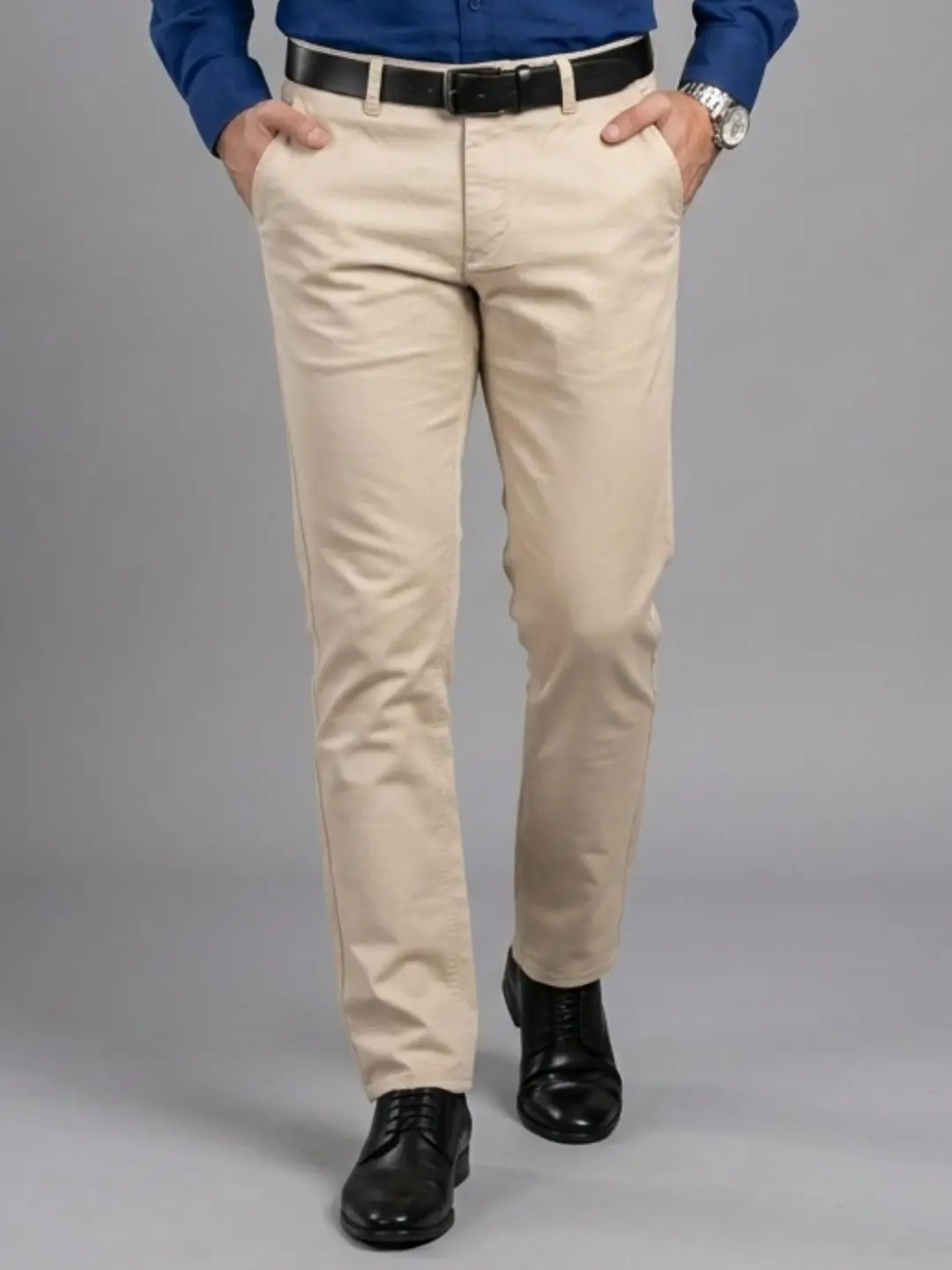 LIVE IN Beige Slim Fit Textured Cotton Casual Trousers-STL12P391SK5