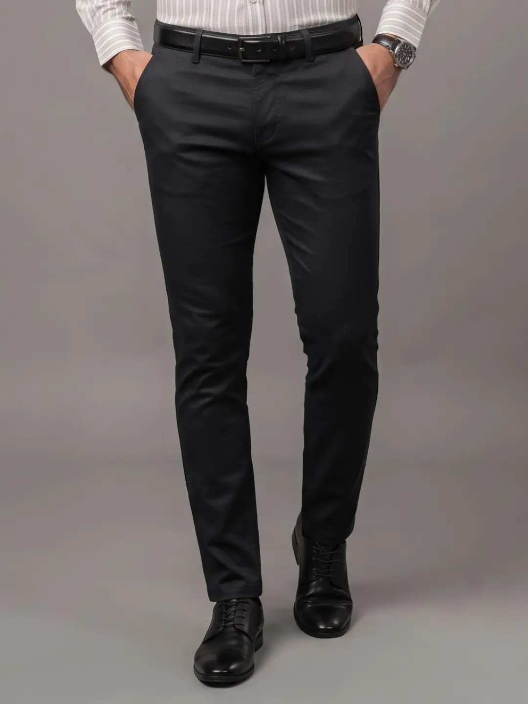 LIVE IN Black Slim Fit Textured Cotton Casual Trousers-STL12P394K50