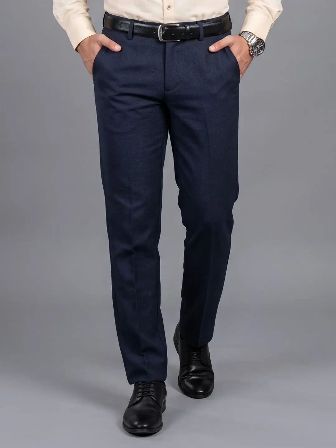LIVE IN Navy Regular Fit Solid Polycotton Casual Trousers-LTECPM127B22