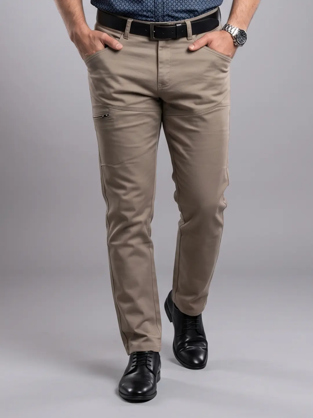 LIVE IN Medium Khaki Regular Fit Solid Polycotton Casual Trousers-LTECPP143B62